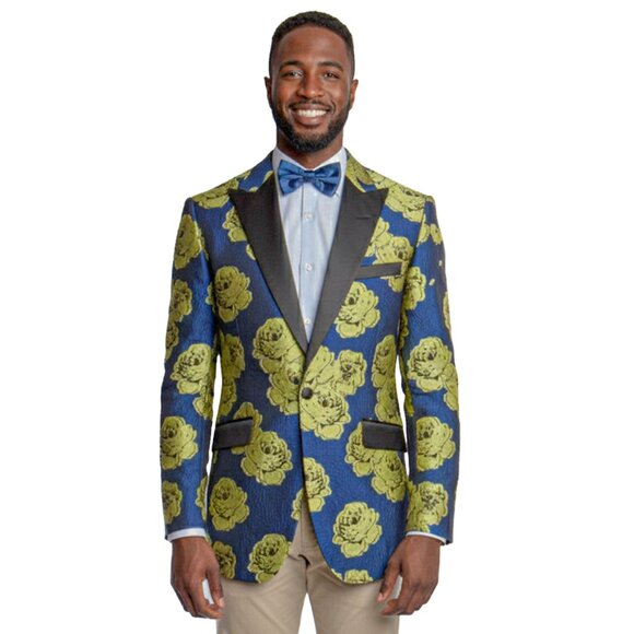 Yellow Textured Floral Blue Blazer Jacket by Tazio - Picture 1 of 6